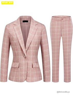 Women's 2 Piece Plaid Suit Set Blazer and Pants Business Office Slim Fit